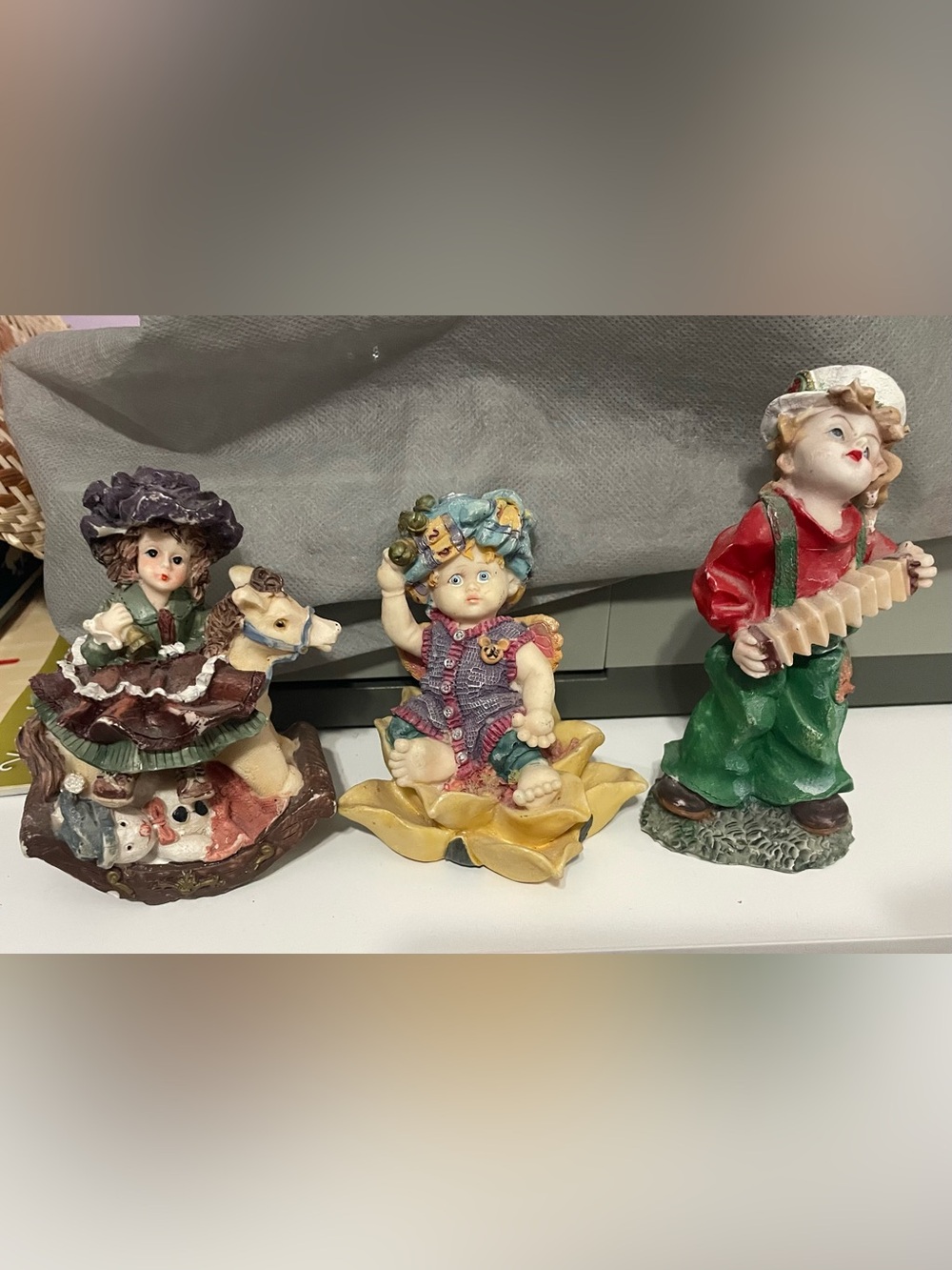 Hand-Painted Ceramic Figurine Set in Red, Green, Purple